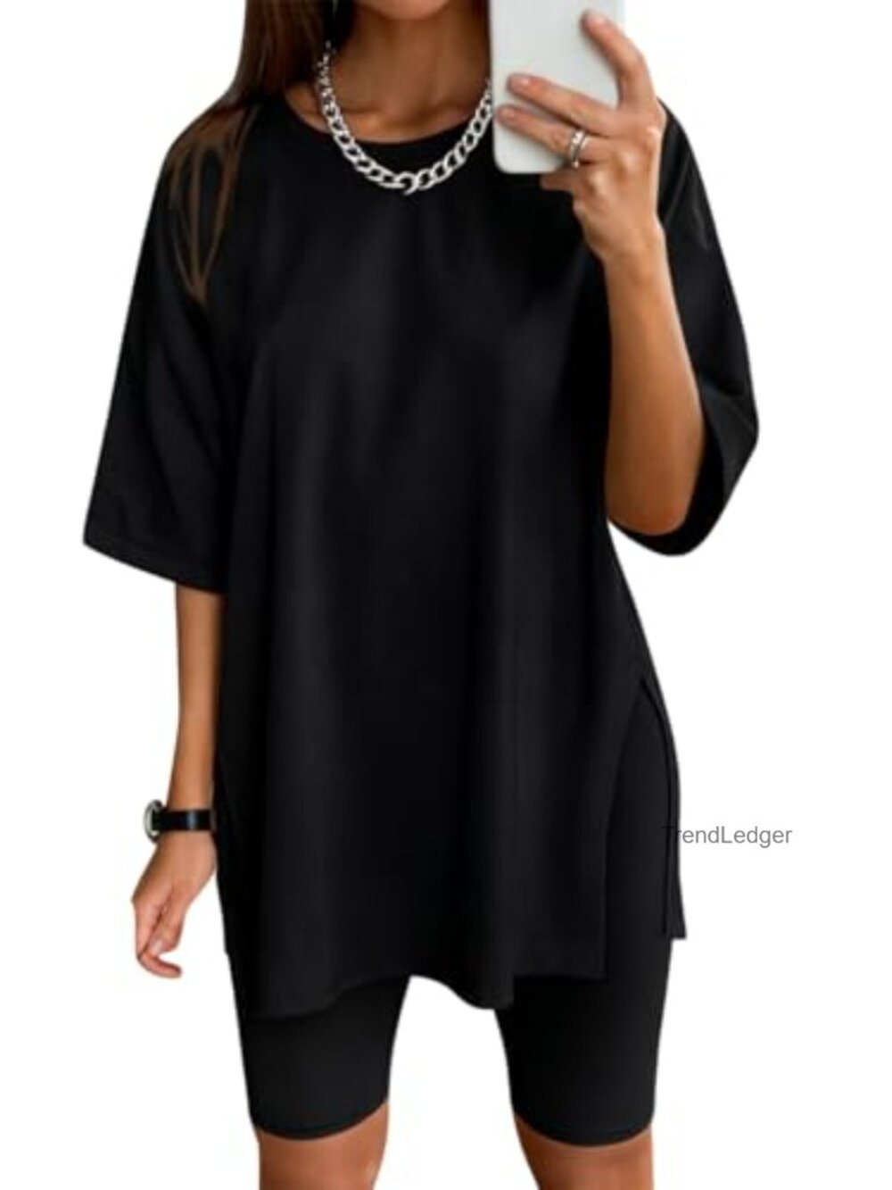 Oversized Side Slit T Shirt and Biker Shorts Two Piece Set Cotton Blend